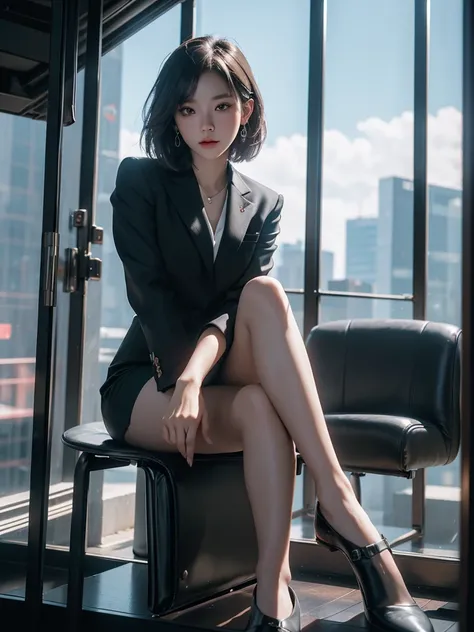 ((Office Lady))、Suit skirt、Sitting in a chair、(Lift your legs:1.3)、((sexy))、Young woman、20 years old、Short Bob、cute、Beauty、(Background photography studio)、best quality,4K,8k,highres,masterpiece:1.2),ultra-detailed,(realistic,photorealistic,photo-realistic:...