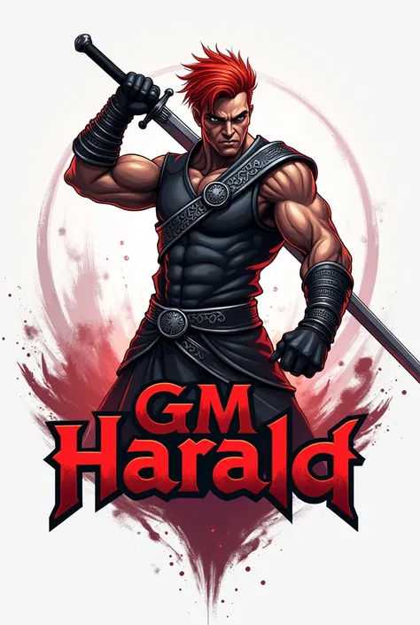 Create a logo with the words GM HARALD with a short red haired swordsman with two swords