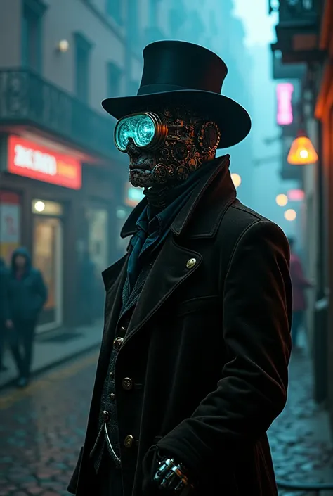 In a hauntingly immersive neo-Victorian time-warped cybercrime scene, every element tantalizes the eye with a captivating blend of the archaic and the futuristic. A mesmerizing high-contrast photograph captures the essence of this surrealist setting with i...