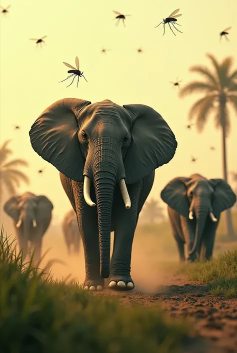 Mosquitoes catch elephants and fly up into the sky amidst the slow herd.