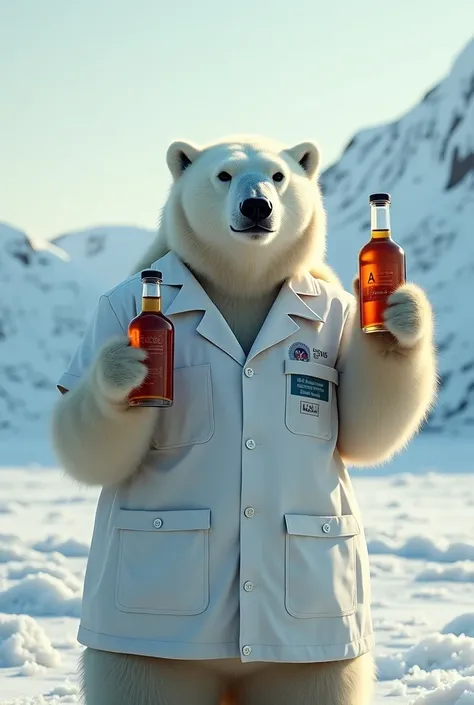 a polar bear, pharmacist shirt, with a syrup in hand