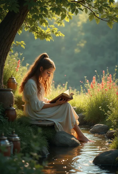 eighteen-year-old girl reading under a tree,Stream, steins, wild flowers.