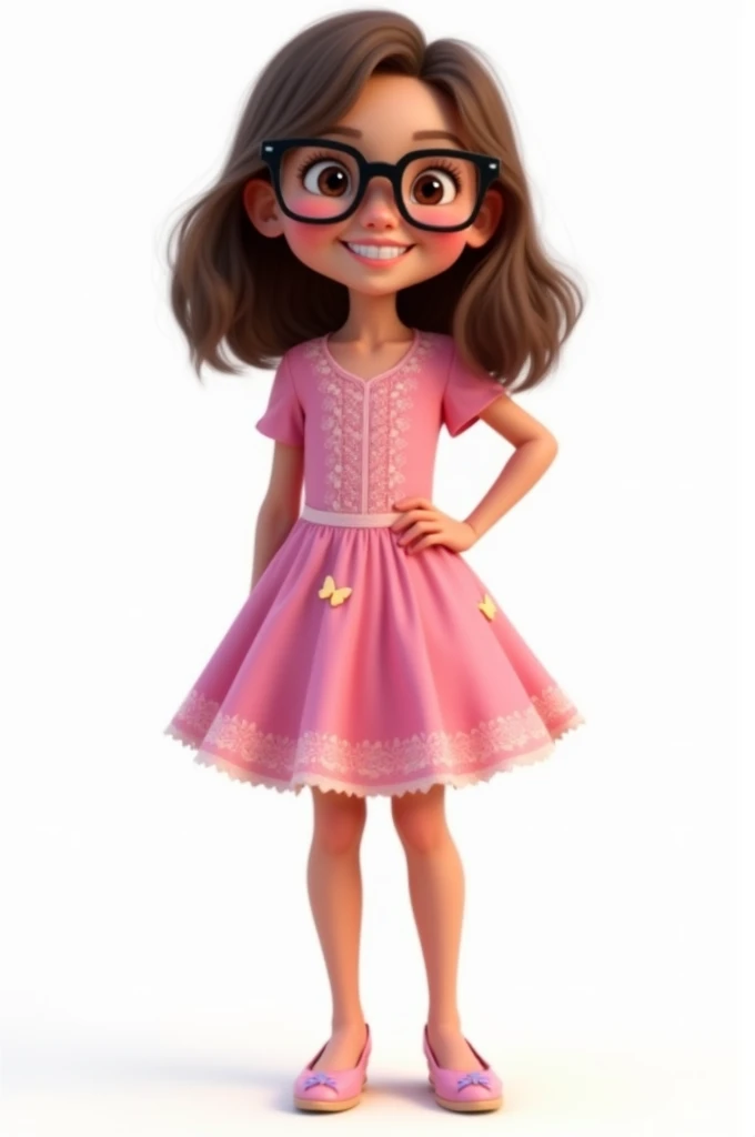 create an image of a girl standing, full body, with straight wavy hair, this hair is brown. this girl wears a pink dress with pink lace and volume on the skirt, with a lilac and yellow butterfly print and wears black square glasses, she is wearing pink low...