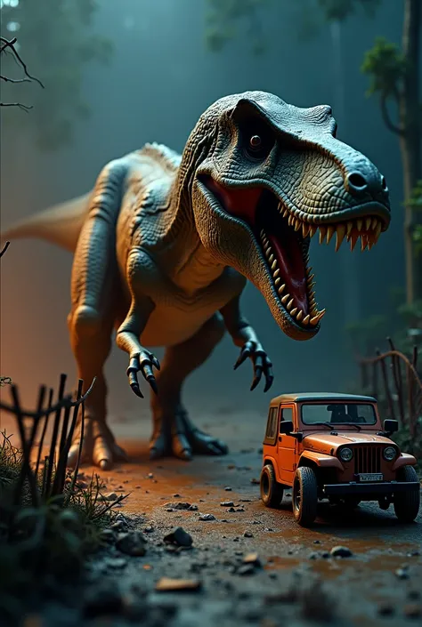 photorealistic detailed T-rex dinosaur, miniature dinosaur park, jeep car, destroyed barricade fence, bird eye view, night, (best quality,4k,8k,highres,masterpiece:1.2),ultra-detailed,(realistic,photorealistic,photo-realistic:1.37),HDR,studio lighting,extr...