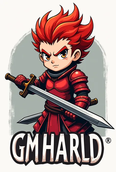 Create a logo with the words GM HARALD with a short red haired swordsman with two swords and red armor