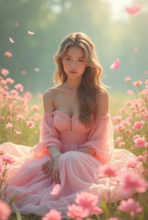 Here’s a prompt based on the image you uploaded:

"A serene scene of a woman in a soft pink gown sitting in a field filled with blooming flowers. She has long, flowing light-brown hair and wears a delicate shawl wrapped around her shoulders. Her expression...