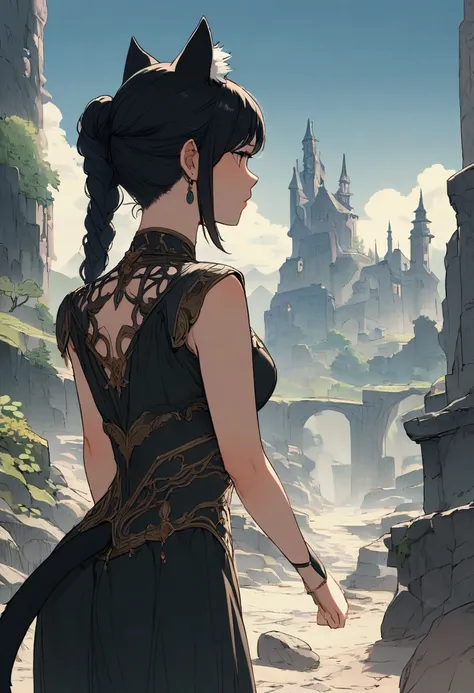 A female person, a cat girl, long black hair, black cat tail, black cat ears, in a fantasy world, she’s an adventurer