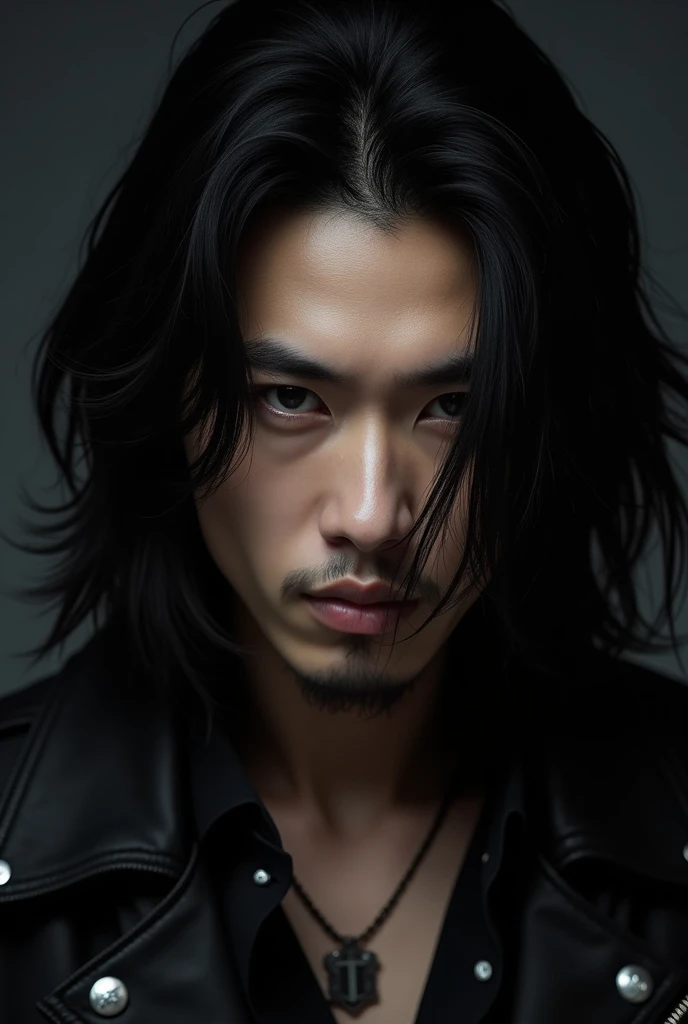 Generates a front image of a handsome Korean adult man with long hair and a rocker style 
