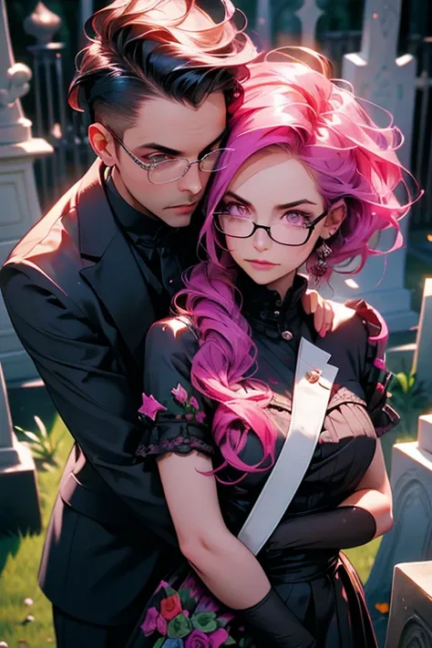 One man. One woman. A man with slicked back black hair with glasses in a suit hugging a pink haired woman with violet eyes and an hourglass figure in a Gothic Lolita dress in the cemetery
