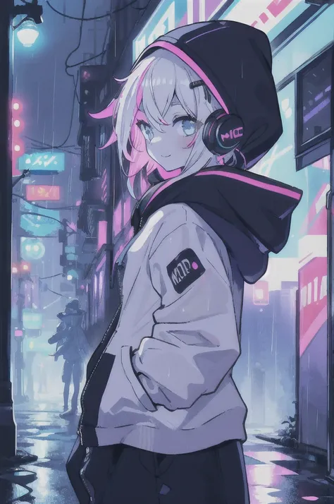 masterpiece,1girl,solo,incredibly absurdres,hoodie,headphones, street,outdoors,rain,neon lights, light smile, hood up, hands in pockets, looking away, from side