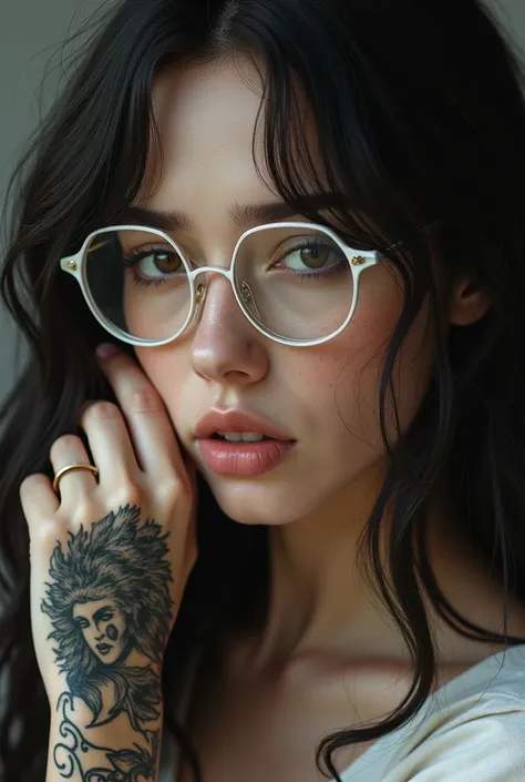 A woman with voluminous straight hair, with white framed glasses.
Medusa tattoo on hand She has light brown eyes, Her skin is white, with almost imperceptible freckles on the nose,
perfectly designed mouth
