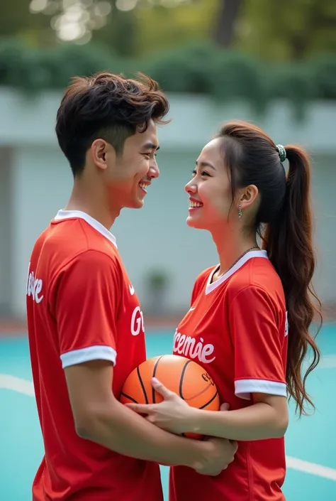 Create a handsome and beautiful thai couple wearing a jersey shirt and jersey shorts color red Nike sneakers couple close up highly detailed holding ball girl shirts write name " Gracemae" on it boy shirt write name "Edquins" they both sweet smile, backgro...