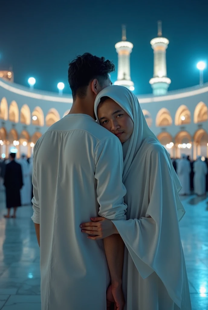 ((((focus on camera))))a handsome young man wearing a white Arab shirt, barefoot, and a beautiful Korean woman wearing a hijab covering her entire body, white abaya, barefoot, the woman leans her head on the mans shoulder, At night, blue image lighting, su...