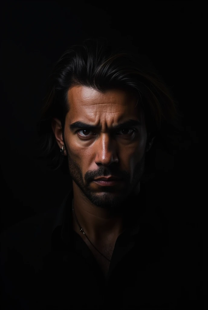 A brown Brazilian man, with straight wavy hair, with a black background and vengeful look, half blood