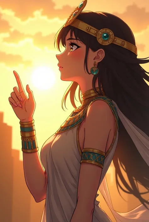 Hello! Can you make me a girl base?, half body raising hand as if the sun is covering it with an Egyptian anime costume looking forward and the body and the clothes are more millionaire 