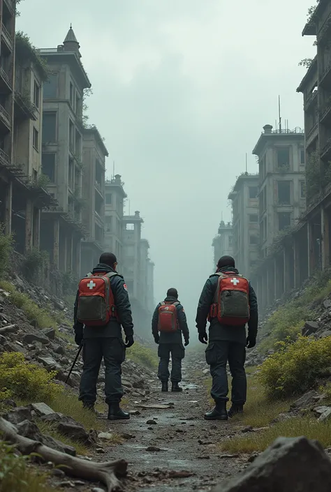 A devastated post-apocalyptic landscape, with buildings in ruins and vegetation growing amidst the rubble. A group of paramedics equipped with first aid backpacks, ready to help injured survivors. The sky is grey and cloudy, creating a tense but hopeful at...