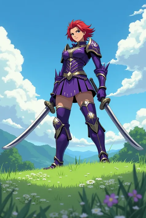 Create a red short haired swordsman with two swords and purple armor on a green hill in anime form