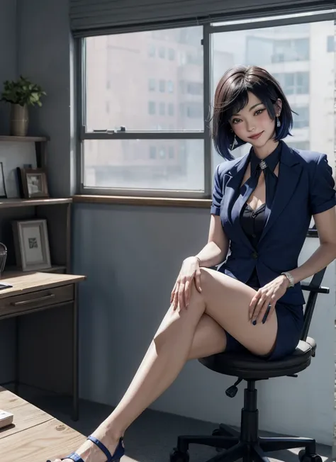 yelendef, upper body, smile, blush,indoors, day, office background, blue sky, short hair, looking at viewer, stairs, moody lighting, facing viewer,wearing suit and shorts, blue suit,black shorts,tight shirts,legs fully exposed,long legs,high heels, fancy b...