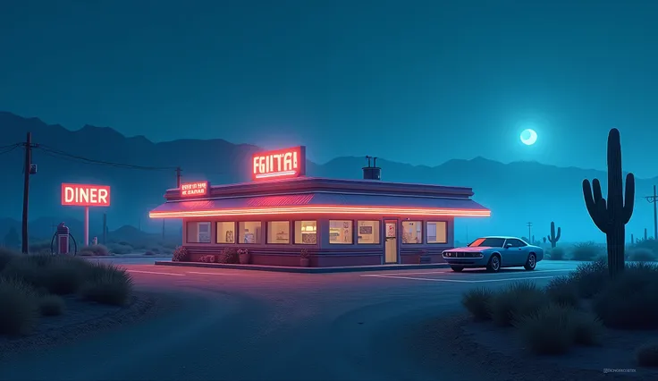 Background image, Diner at night, parking lot, from above, gas station, desert landscape, light fog, scattering fog light, blue lighting, 60s, 2.5D, delicate and dynamic, graphic CG digital art