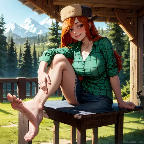 a wendy corduroy, leaning on a table with a beautiful smile and sexy look, barefoot.an14