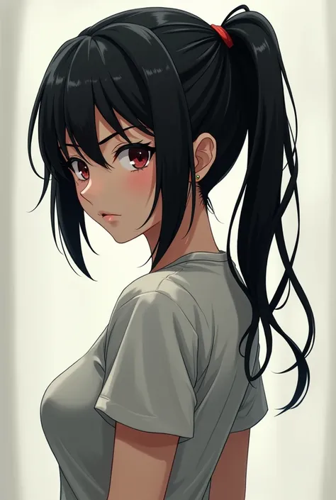 Generates a black-haired girl with a ponytail looking seriously from behind, with a very serious and very attractive look and with a very marked jaw and with a shirt. 

version anime