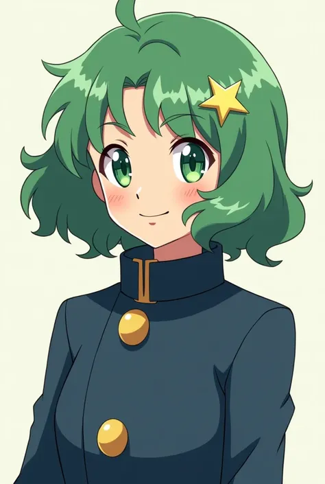 Pokemon anime style girl,green eyes ,king ,Short wavy hair and smiling,full body,like a  with a dark blue jacket and a star stud in her hair