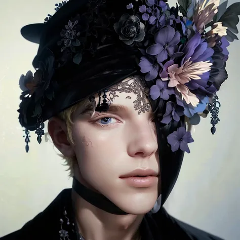 there is a blonde man with a hat with flowers on it, Wearing a large, intricate black floral headpiece with detailed beadwork, paired with a dark outfit. The background is plain, allowing the headpiece to stand out prominently. The lighting is soft, coming...