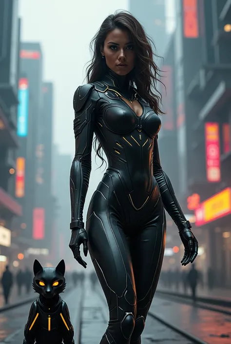 A woman in a futuristic, brown skin, sleek black and silver costume, striking a dynamic pose in a futuristic city landscape, a small black and white cat-like robot companion by her side, (best quality,4k,8k,highres,masterpiece:1.2),ultra-detailed,(realisti...