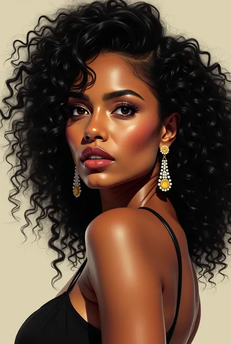 A drawing of an adult woman with curly hair, pele morena, with earrings in the ears with a strong and imposing look.