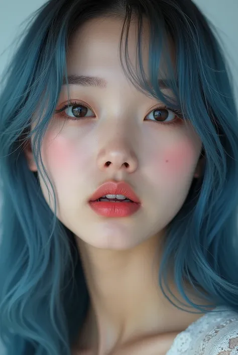 美Shii15歳の少女,Teenage Girls, Shy expression、first time々Shii、Long, flowing blue hair,cosmetics,Lipstick advertising shoot,Almond-shaped eyes, Button nose, Fuller lips, Very exquisite and detailed, Black eyeliner,  Plump, glossy lips with bright highlights, 大き...