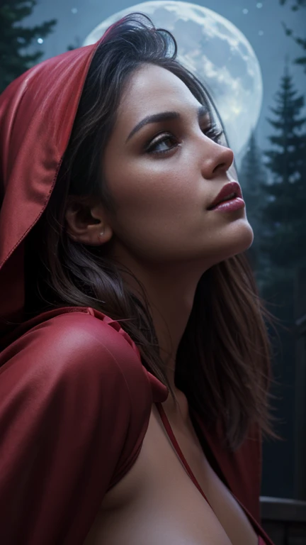 A beautiful nude woman, complety transformed into a werewolf dressed as Little Red Riding Hood, full blue moon in background, low angle camera, detailed face, detailed eyes, detailed lips, detailed anatomy, intricate details, highly detailed, cinematic lig...