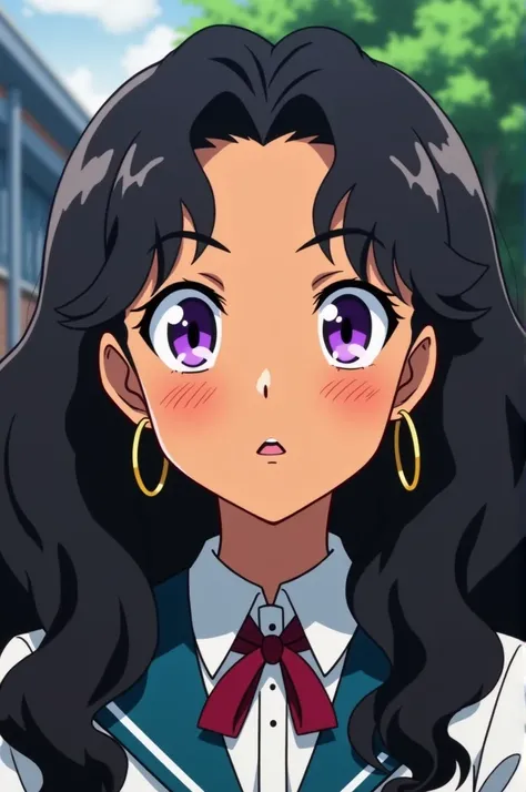 Screenshot of boku no hero academia, of a  girl ,Latin-looking and pretty, with cinnamon-toned brown skin, long thick black curly hair, bright purple eyes and long eyelashes,medium thick eyebrows; Wear light makeup with highlighter on your tear ducts and n...