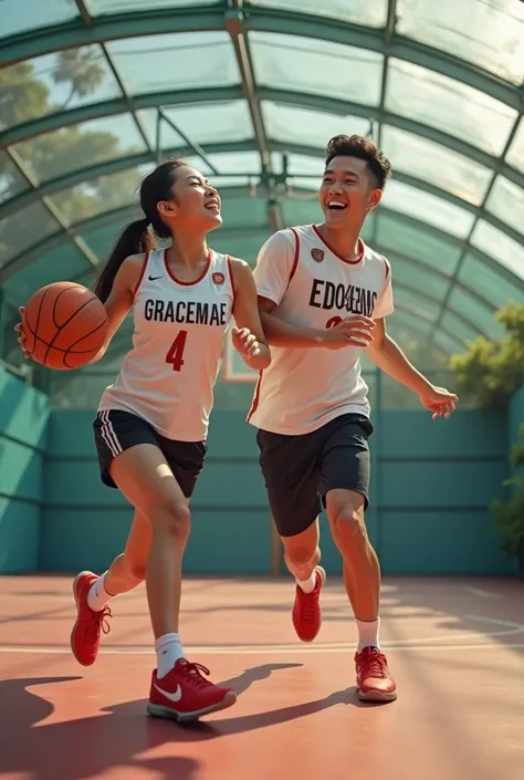 Create a handsome and beautiful thai couple wearing a jersey shirt and jersey shorts color red Nike sneakers couple close up highly detailed holding ball girl shirts write name" Gracemae" on it boy shirt write highly detailed name "Edquins" they both sweet...