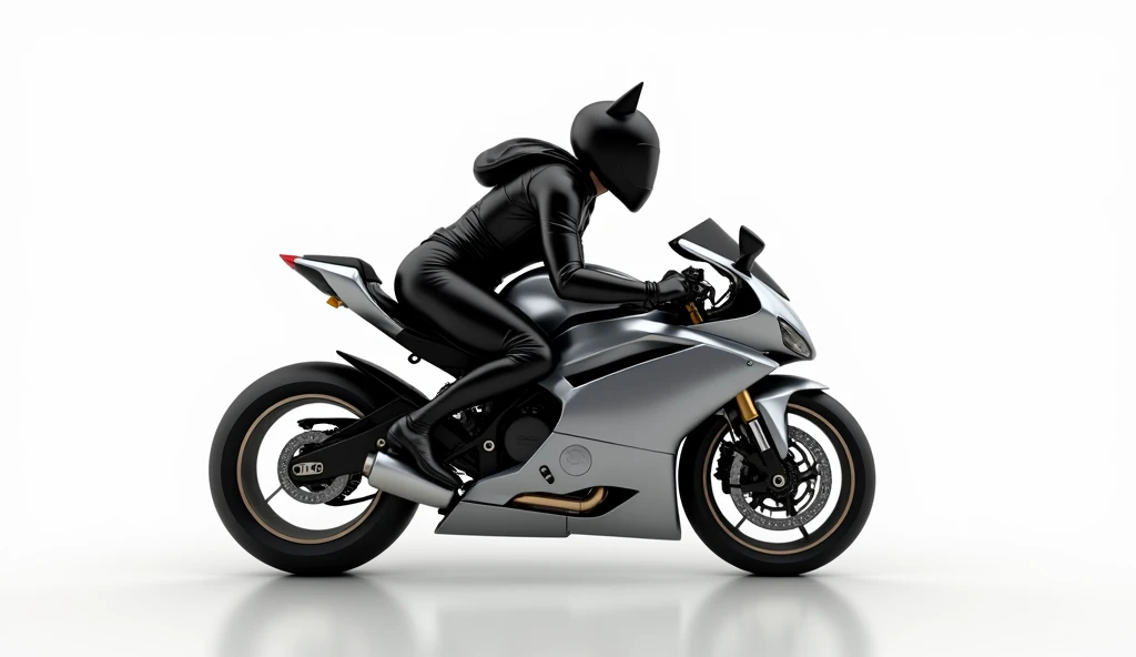 A guy in a black motorcycle helmet without ears carries a girl in a black tight jumpsuit in a black motorcycle helmet with cat ears behind him they are riding a silver sports motorcycle on a white background