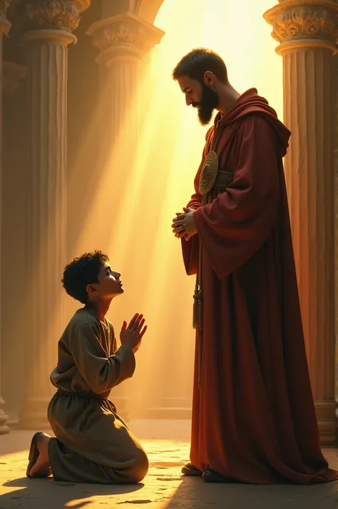 Image of Carlos Acutis in profile on his knees praying face to face with Saint Francis of Assisi, rays of light coming out from behind the head of Saint Francis of Assisi