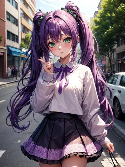 Super detailed, high detail, high quality, 1 girl, gradient purple hair, long twintails，green eyes，Wearing rosettes，blush，On the Street，Sweatshirt，skirt