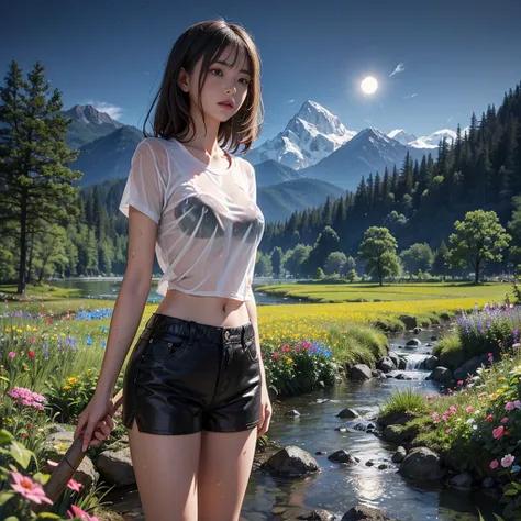 Cute girl, wearing a wet t-shirt, wearing wet shorts, standing in a stream, dense forest, with flower fields, mountains, at night.