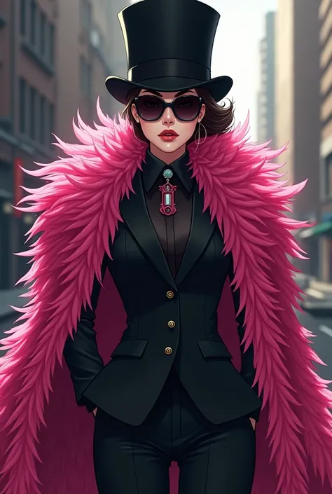 A woman in a black suit, pink feathered coat, top hat, sunglasses, ponytail, anime style