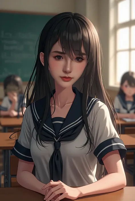 Masterpiece, High quality, Best quality, beautiful, HD, realistically, Perfect lighting, Detailed face, Body details, 1 person, Black hair, Brown eyes, femininity, School suit set, (Boring expression: 1.5) (Natural face: 1.5), Sitting in the classroom