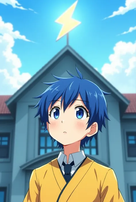 Blue hair male kid(14 years) whit a school japanese yellow uniform and looking at a school with a lightning icon at the top.

Anime style