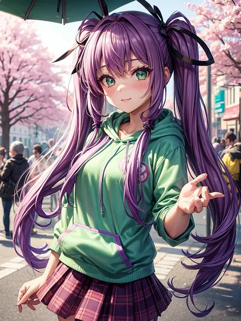 Super detailed, high detail, high quality, 1 girl, gradient purple hair, long twintails，green eyes，Wearing cherry blossom ornaments，blush，On the Street，Hoodie，skirt