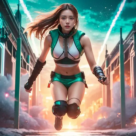 Masterpiece,High image quality,8k,Perfect Face,Perfect body。Spanning the Galaxy、Healthy, well-circulated, flushed complexion、Cyberpunk android cute shorts ruthless agent female spy full body photo。A realistic live-action Hollywood drama。