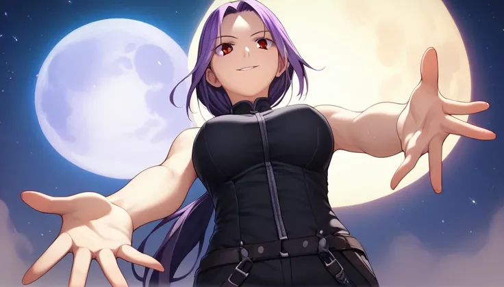 Score_9, Score_8_up, Score_7_up, One girl,smile, Hirokazu Koyama ,Cowboy Shot,Sweaty,sexy,Pixel Perfect,Large Breasts,Anatomically correct, masterpiece, Very detailed,Outdoor,8k, (background,big moon,Detailed),(Fits your body,Black rider suit,Sleeveless),C...