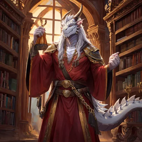 A stunningly handsome male dragon, standing at 6.3 feet tall, with an elegantly slim and muscular body adorned with pristine white scales that shimmer under a soft, ethereal light. His long, flowing white hair cascades down his back, reaching the base of h...