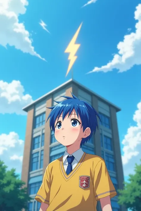 Blue hair male kid(14 years) whit a school japanese yellow uniform and looking at a school with a lightning icon at the top.

Anime style