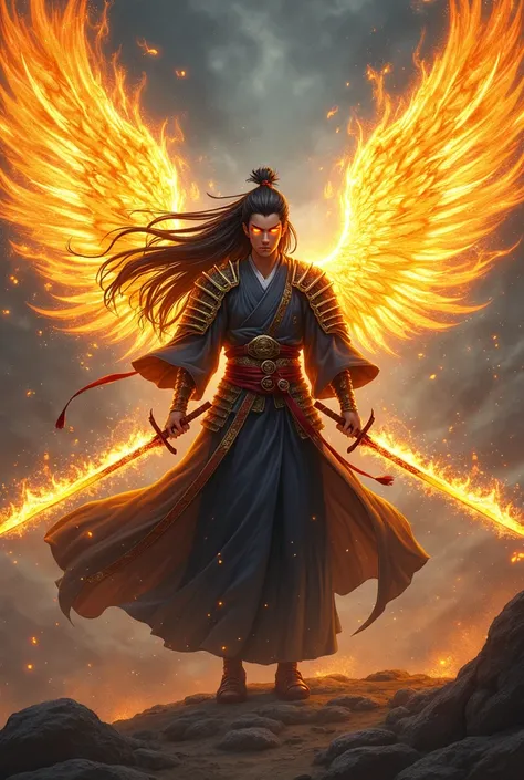 Create an anime character with long black hair, in samurai clothing and with eyes shooting rays. He must have two flaming swords and golden angelic wings. 