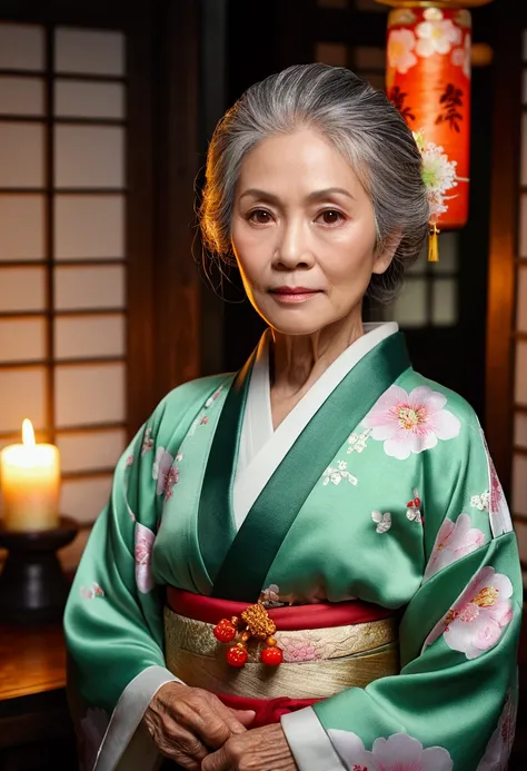 light skin, Women around 70 years old, Natural gray hair, characteristic green eyes,wear kimono, Slim and elegant, beautiful, Candlelight in an antique setting, super sharp focus, Realistic shots,Wide angle，Ultra high resolution detail, HD Hypertelevision,...