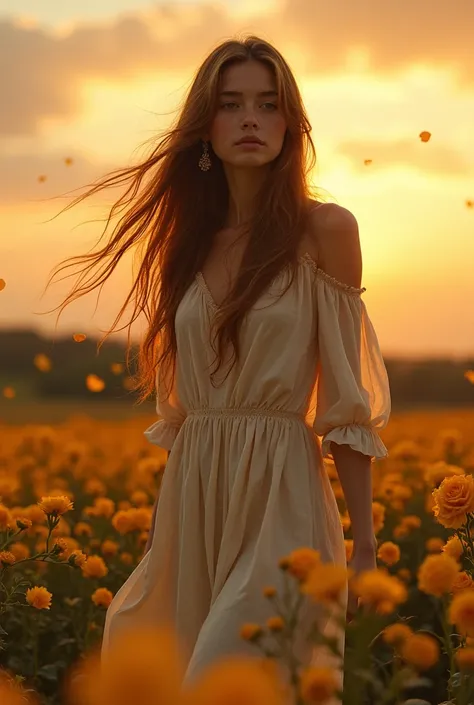 Beautiful girl with long wavy hair, bohemian dress, in a field of yellow roses, at dusk right at twilight.
