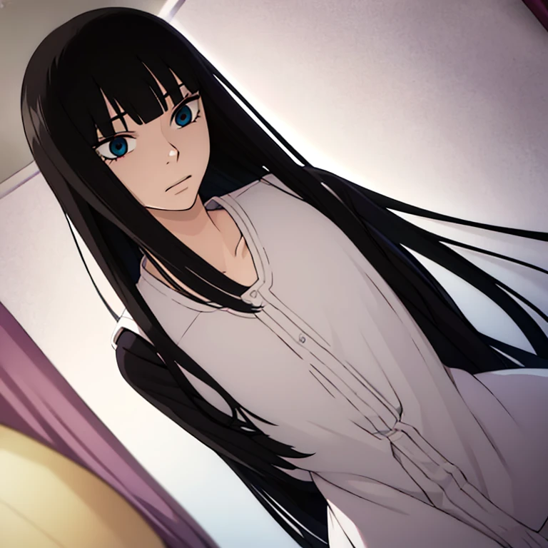 ((best quality)),((highly detailed)),masterpiece,absurdres,detailed face,beautiful face,((detailed eyes, deep eyes)),((dynamic pose)), sawako, 1femboy, girly, otokonoko, transgender, femboy, black hair, solo, long hair, bangs, black eyes, blunt bangs, hime...