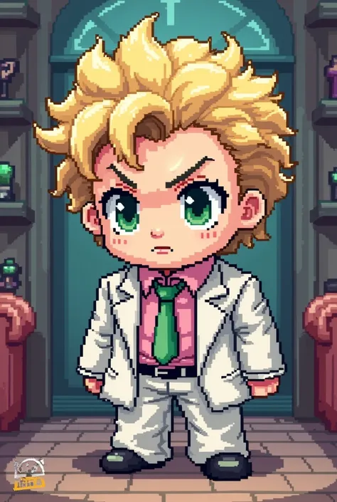 An image of a Habbo character with Giorno Giovanna&#39;s clothes and hairstyle. From JoJo&#39;s Bizarre Adventure. Habbo Hotel pixel art.


